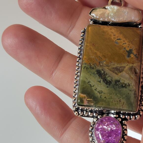 Statement Pendant Necklace – Jasper, Pearl & Purple Druzy + 20" Silver Chain - Picture 8 of 10